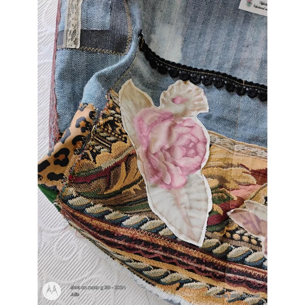 Denim Patchwork Tote Bag Applique Reclaimed Fabric Oversized Boho Handbag
